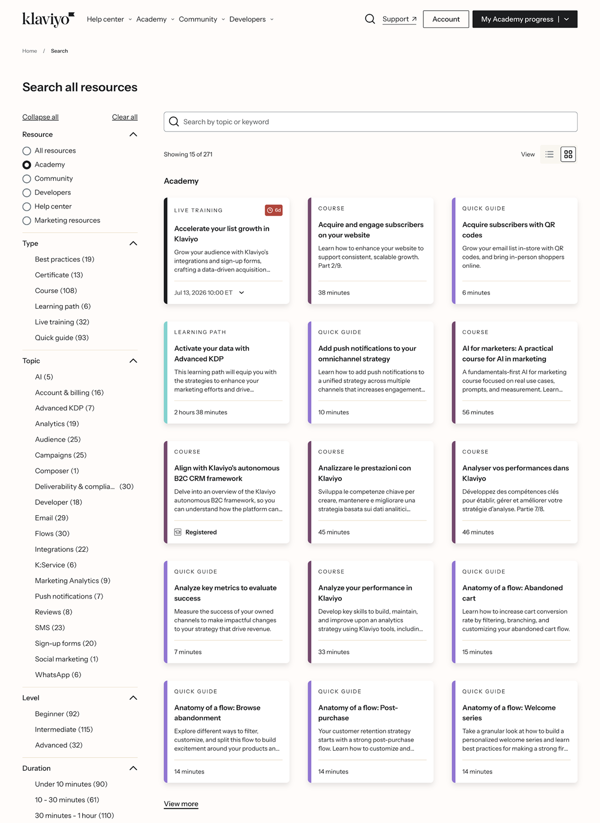 Klaviyo Academy resource library — generic courses and guides instead of account-specific actions